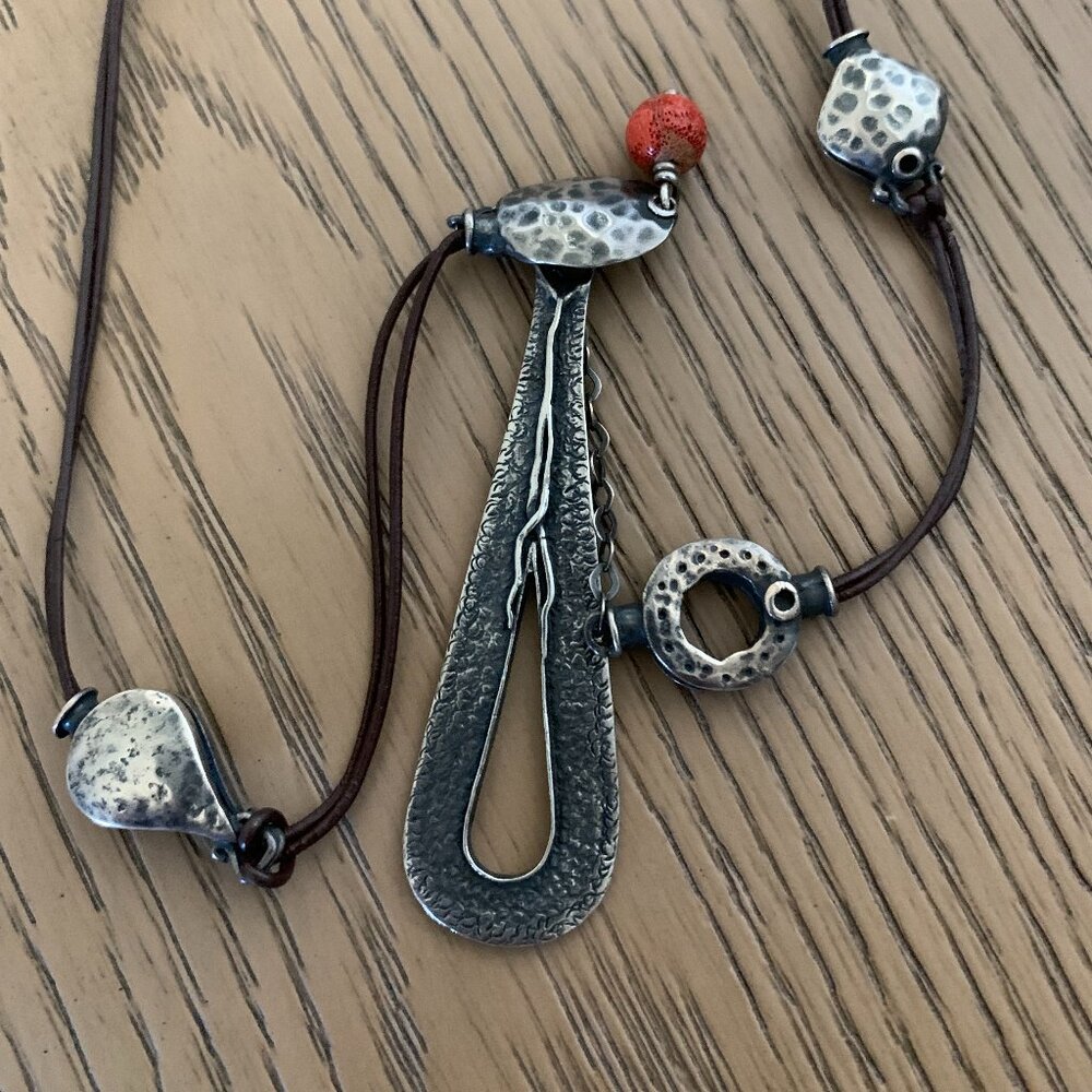 Silpada Necklace N1950 Brown Leather Cord, Sterling Silver and Sponge Coral